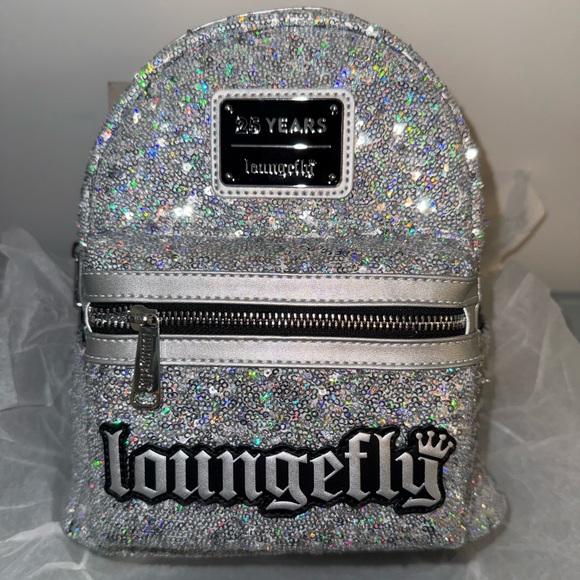 Loungefly 25th Anniversary Logo Holographic Silver Sequin Mini Backpack - Picture 7 of 13